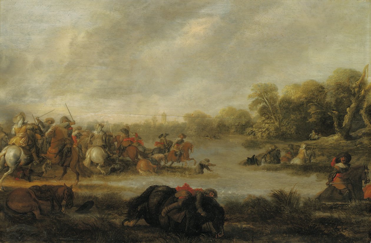 Een cavaleriegevecht bij een rivier door Palamedes Palamedesz