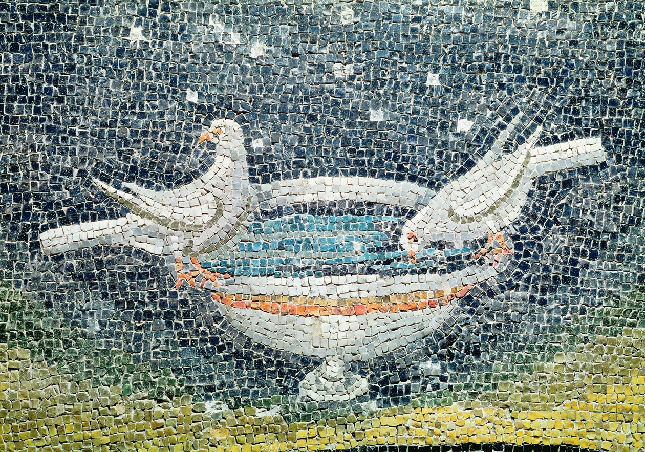 Duiven drinken uit een kom, ca. 430 AD (mozaïek) door Paleo Christian