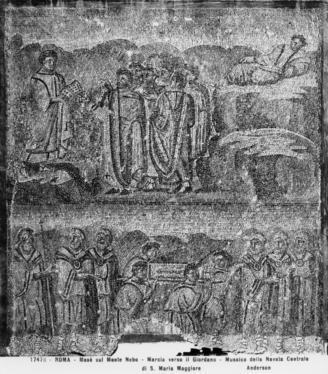 Mozes op de berg Nebo en het transport van de Ark van het Verbond naar de Jordaan, uit het centrale schip door Paleo Christian