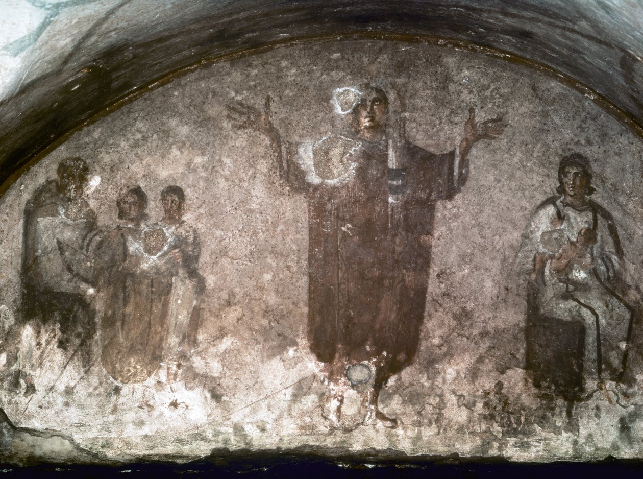 VROEGCHRISTELIJKE KUNST: Catacombe van St. Priscilla. Cubible van de Velata, eind 3e eeuw (fresco) door Paleo Christian
