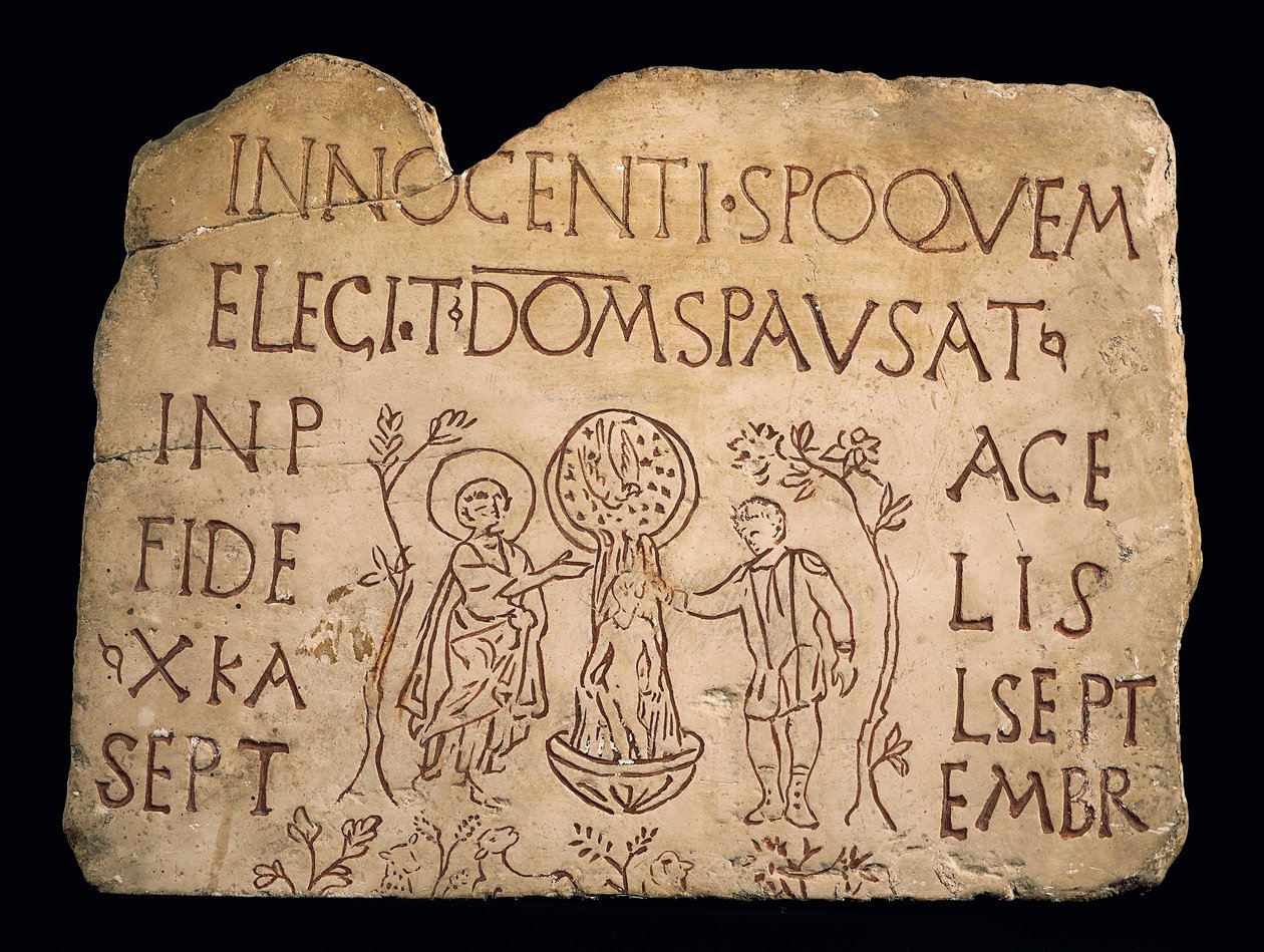 Grafsteen met inscriptie en de doop van Christus, Vroegchristelijke periode, 3e eeuw door Paleo Christian