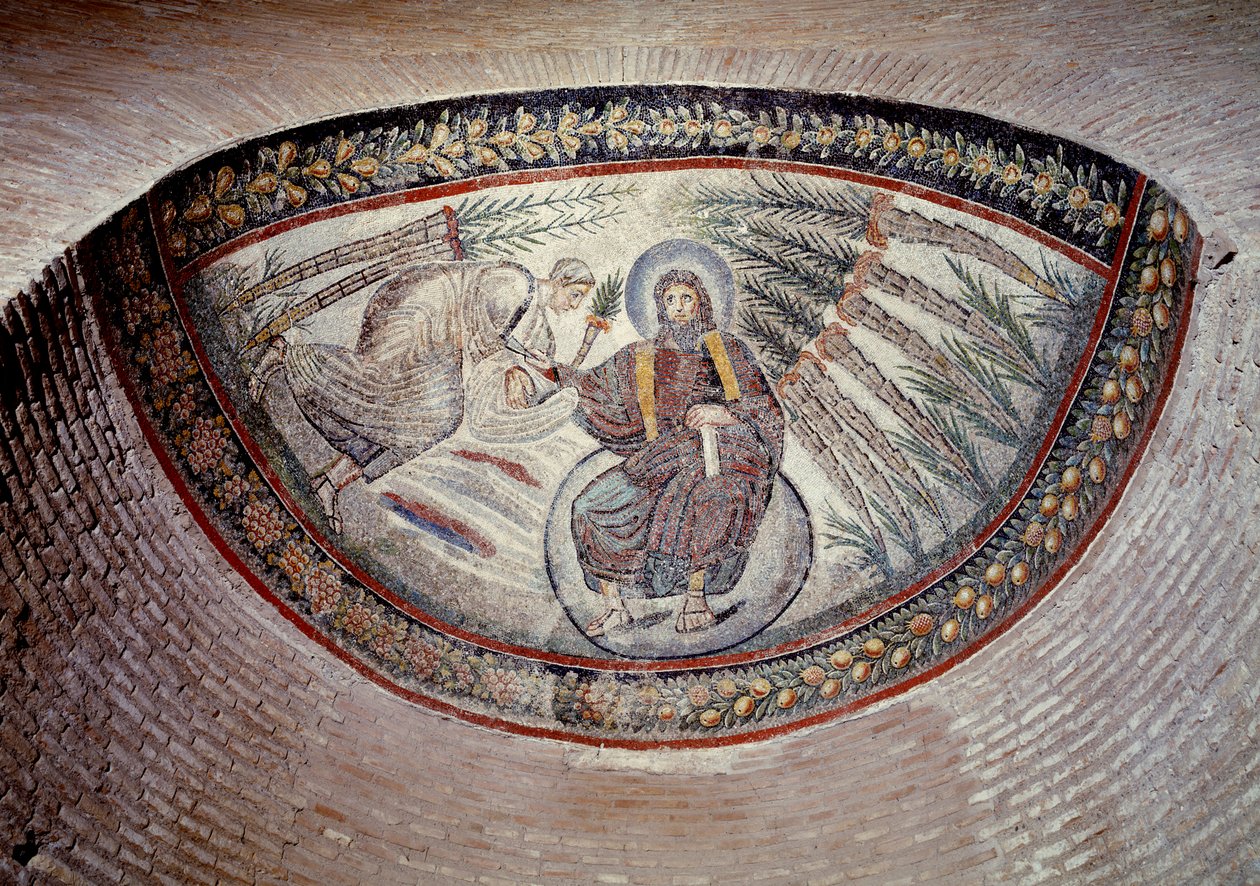 Vroegchristelijke kunst: Verlosser die wet geeft (vrede), mozaïek van de apsis, 4e eeuw door Paleo Christian