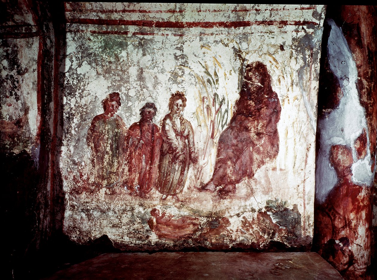 Vroegchristelijke kunst: Mozes gered uit het water. Fresco, 4e eeuw na Chr. Catacombe van Via Latina in Rome door Paleo Christian