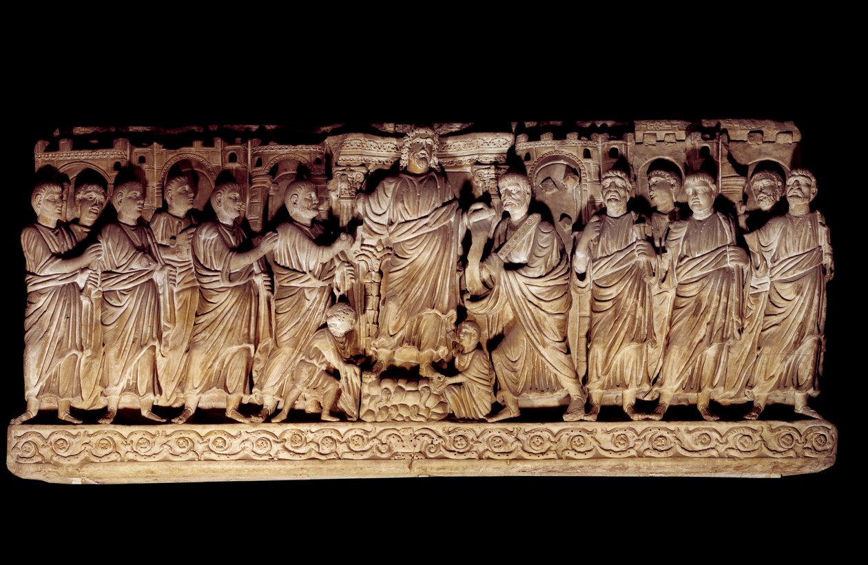 Paleochristelijke kunst: gebeeldhouwd sarcofaag die Christus met de ...