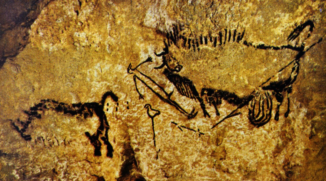 Gewonde bizon, gewonde man en wolharige neushoorn, Lascaux (grotschildering) door Paleolithic Paleolithic