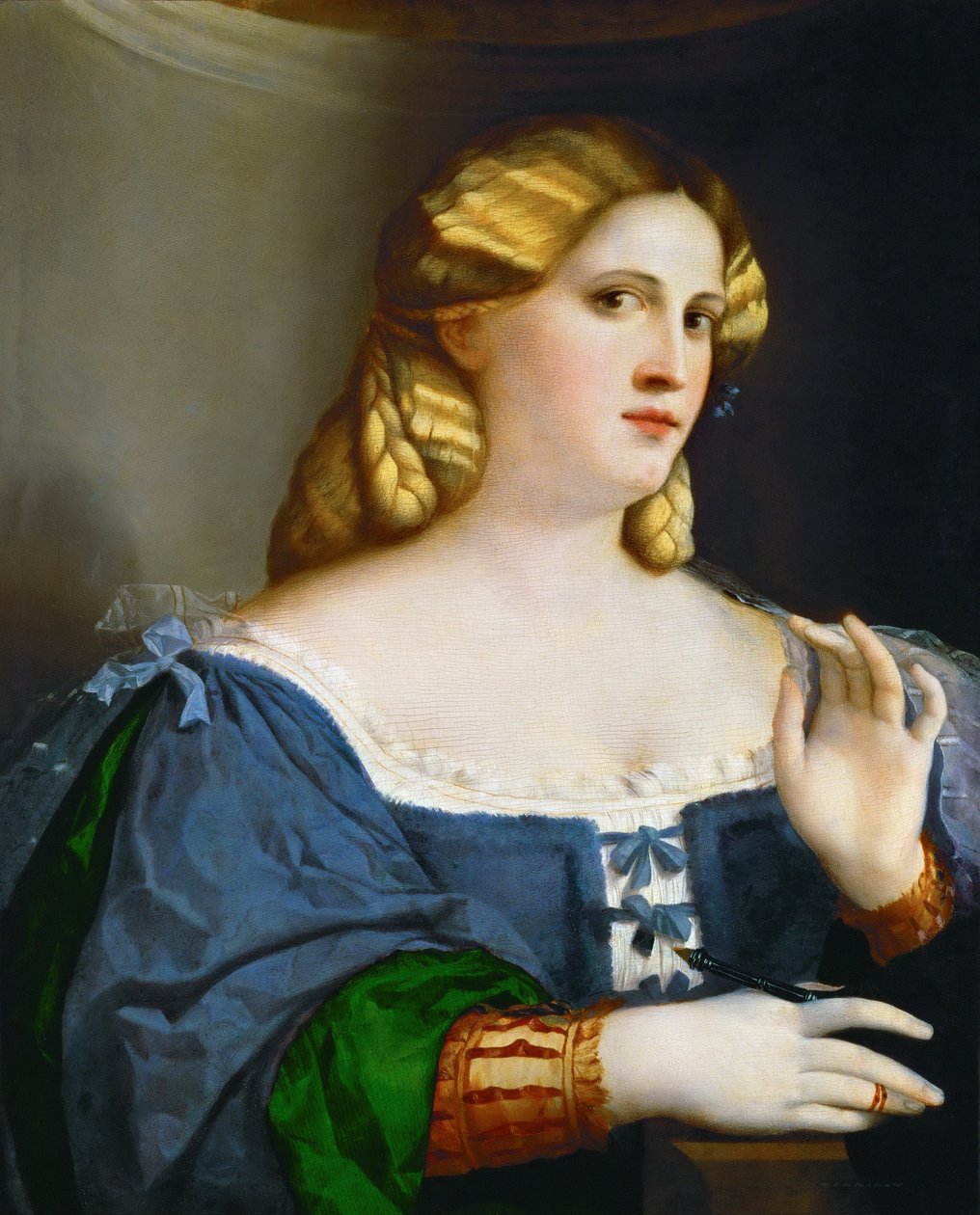 Jonge vrouw in blauwe jurk met veer door Palma il Vecchio