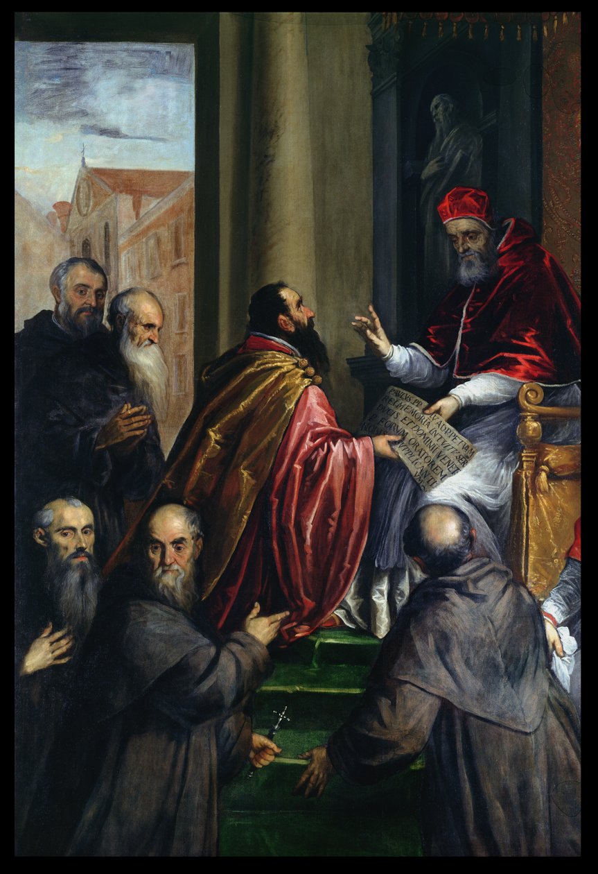 Paus Paulus IV overhandigt een statuut door Palma Il Giovane