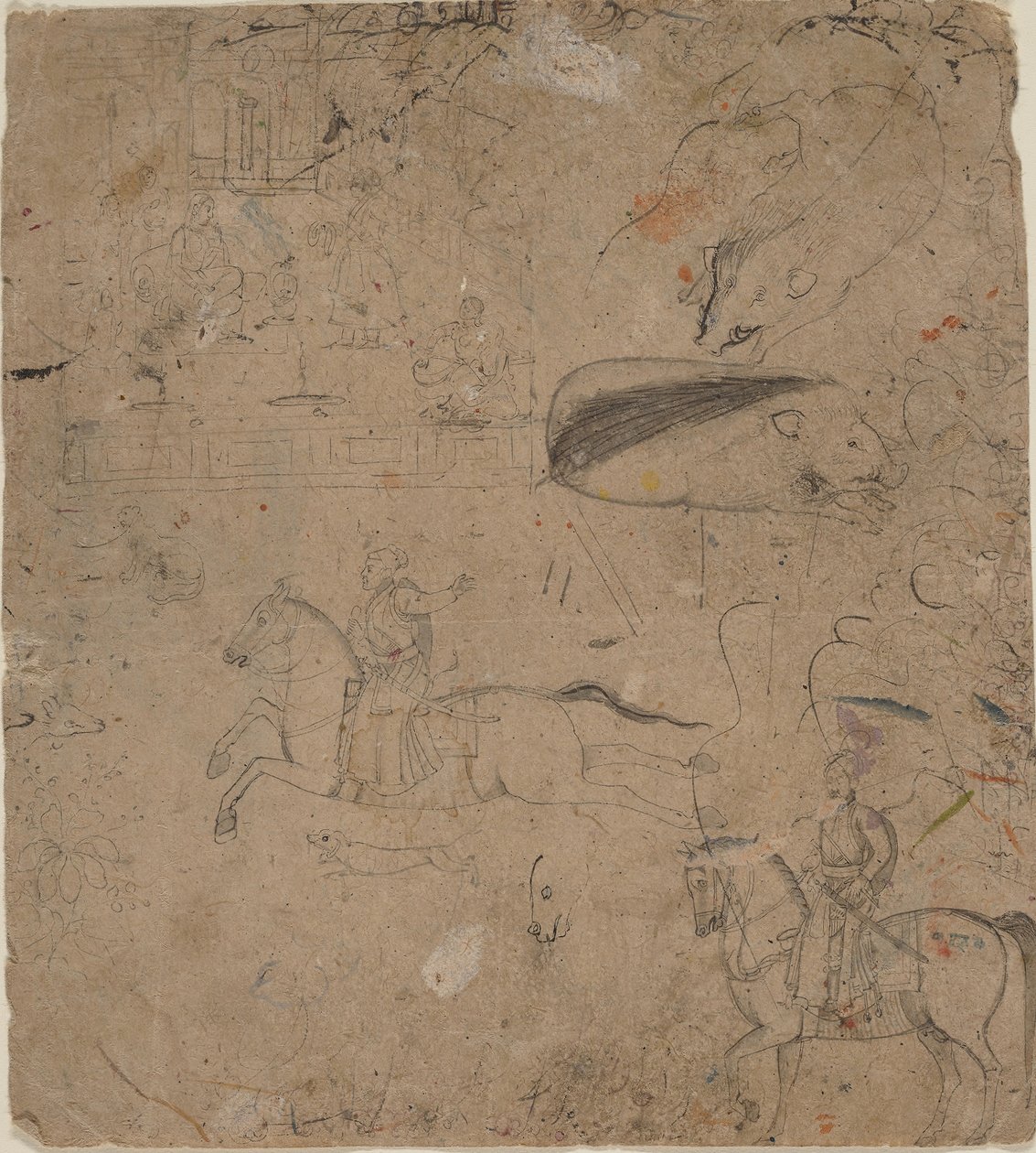 Pagina uit een Schetsboek met Heersers te Paard, Zwijnen en een Paleisscène, eind 18e eeuw door Pandit Seu
