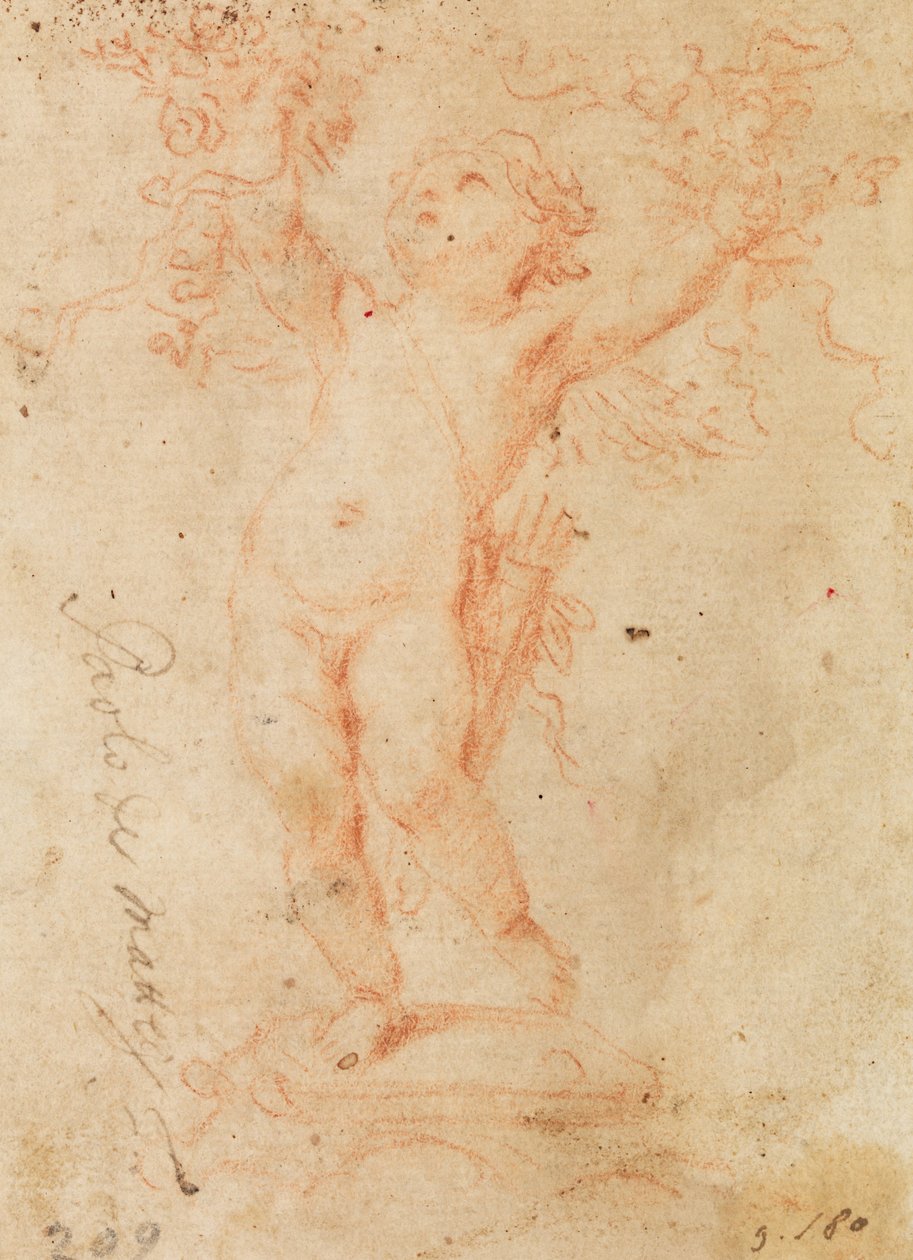 Cupido heft bloemenbossen met beide armen op door Paolo de Mattheis