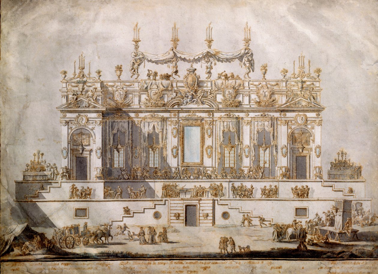 Doorsnede van een groot huis, ontwerp voor de Festa della Chinea, getekend door G. Palazzi, 1764 door Paolo Posi