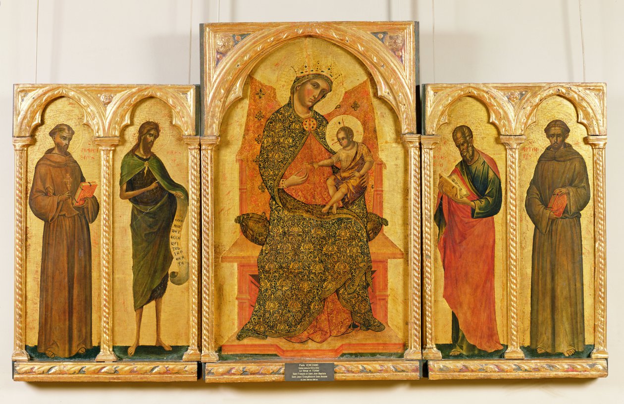 Maagd en Kind met St. Franciscus, Johannes de Doper, St. Johannes de Evangelist, St. Antonius van Padua, 1354 door Paolo Veneziano