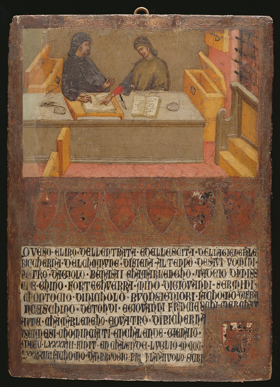 Hoofd financieel ambtenaar en schrijver aan hun bureau in de Biccherna (belastingkantoor) door Paolo di Giovanni Fei