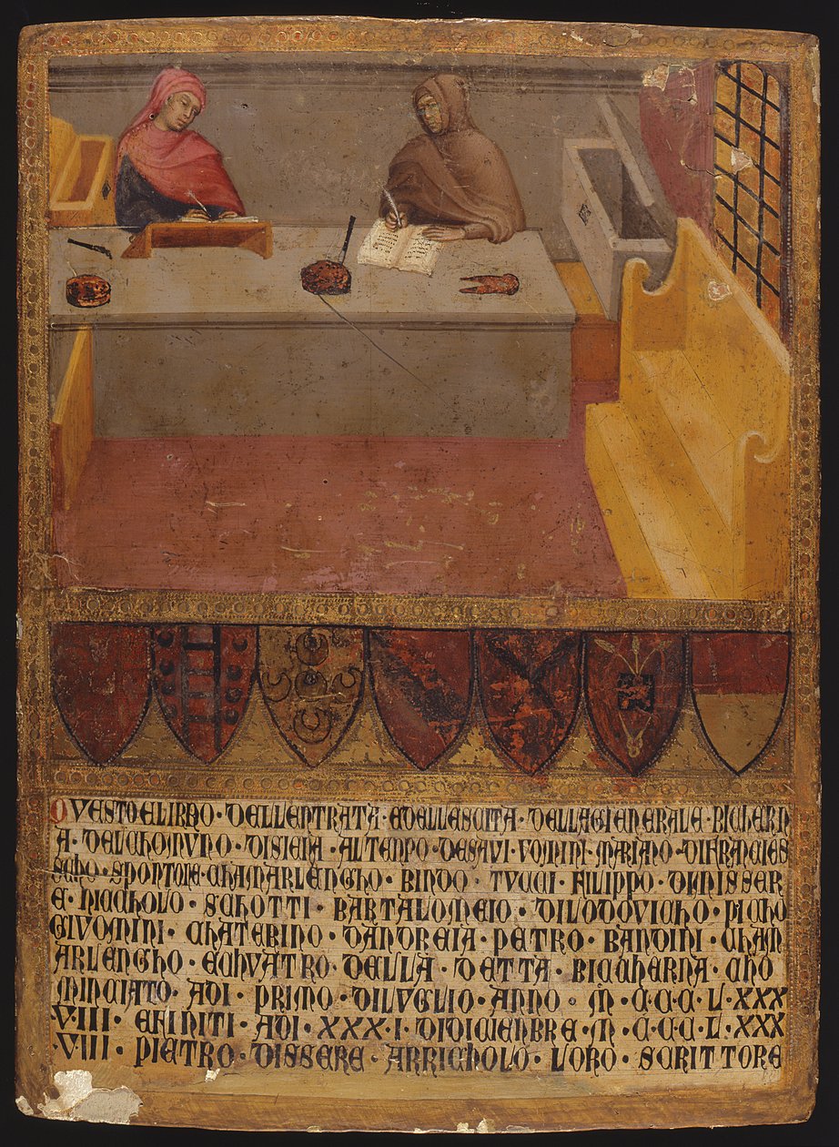 Hoofd Financieel Officier en Schrijver aan hun bureau in de Biccherna (paneel) door Paolo di Giovanni Fei