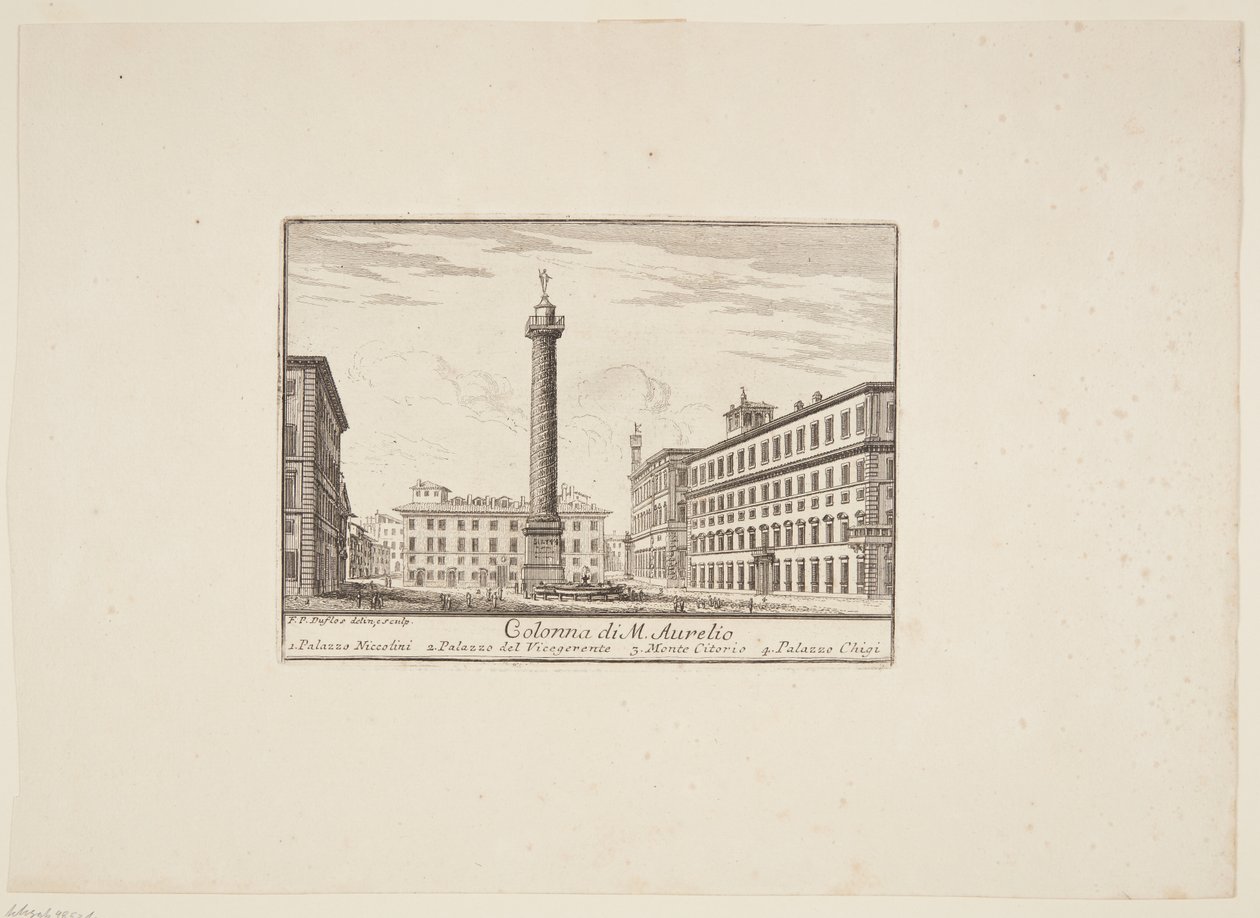 Colonna di M. Aurelio. 1. Palazzo Niccolini. 2. Palazzo del Vicegerente. 3. Monte Citorio. 4. Palazzo Chigi door Paolo Anesi