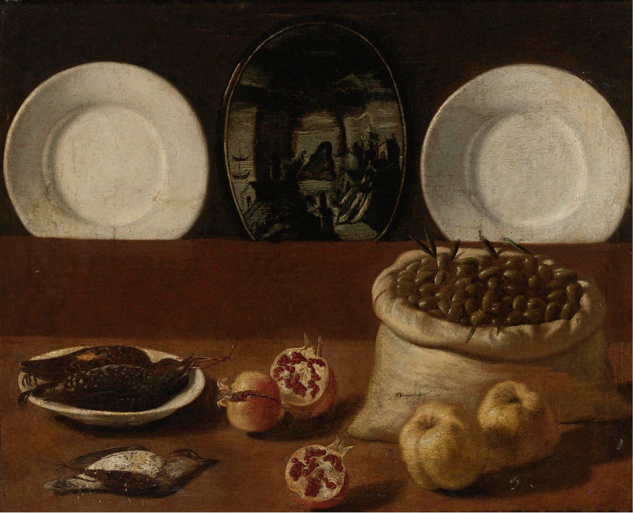 Stilleven met borden, een zak gevuld met olijven, wild, granaatappels en kweepeer door Paolo Antonio Barbieri