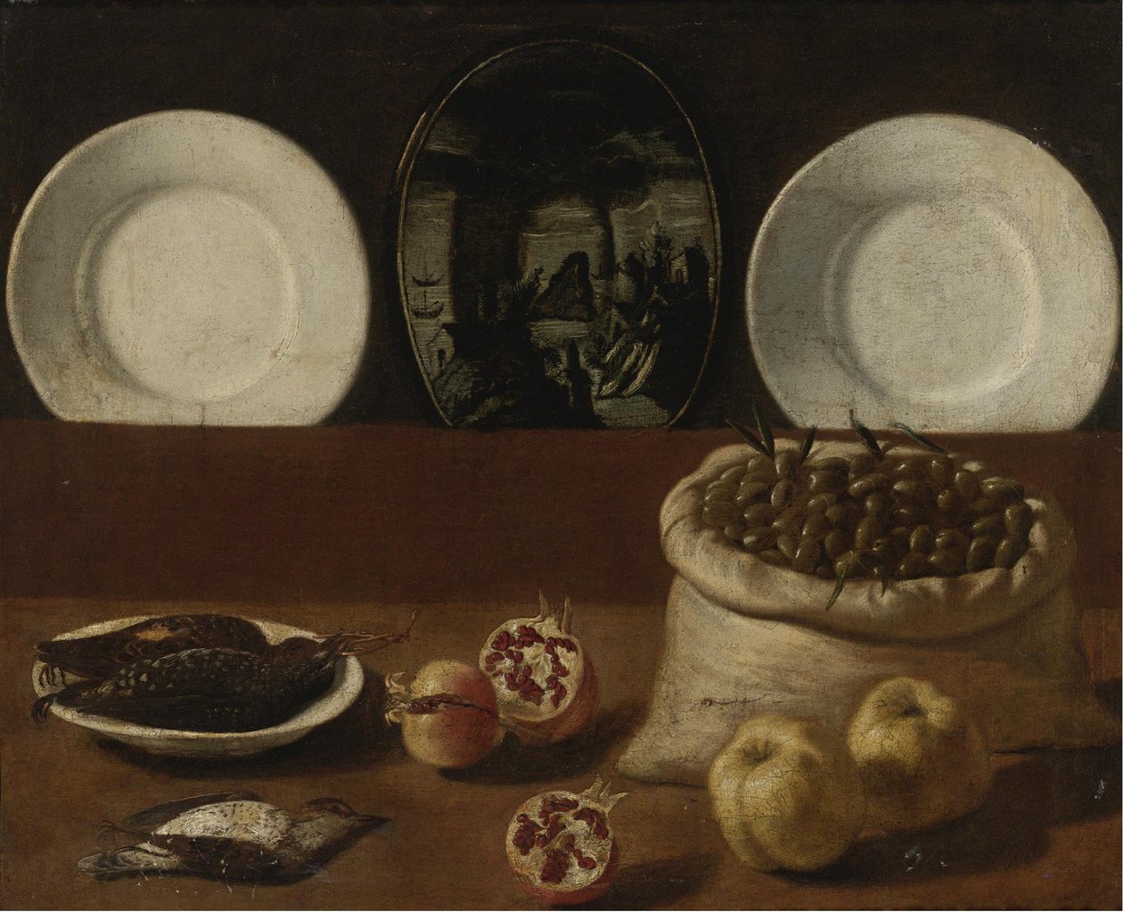 Stilleven met borden, een zak gevuld met olijven, wild, granaatappels en kweepeer door Paolo Antonio Barbieri