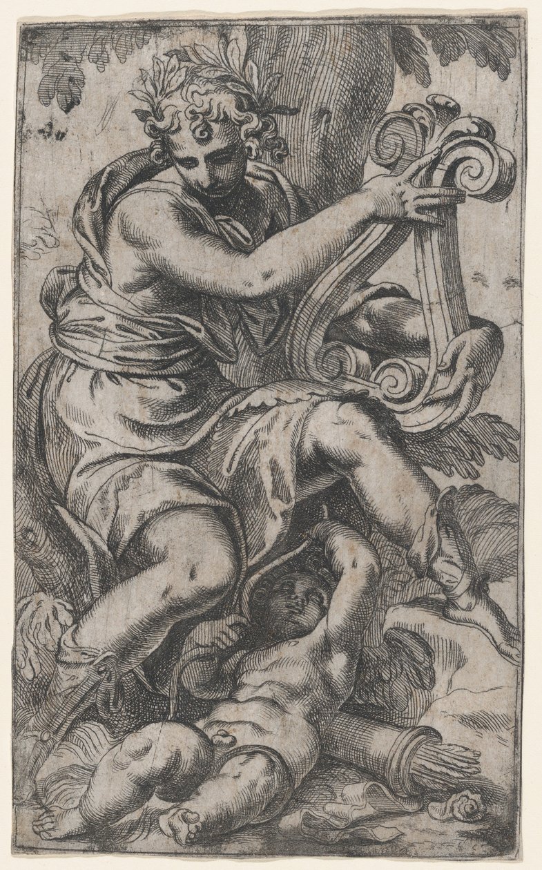 Cupido en Apollo met een lier, ca. 1568 door Paolo Farinati