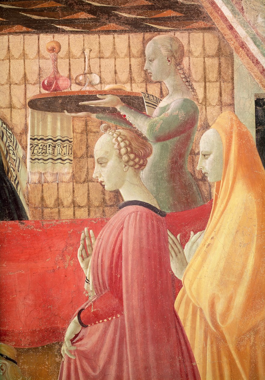 Geboorte van de Maagd, detail van een dienaar en twee begeleiders door Paolo Uccello