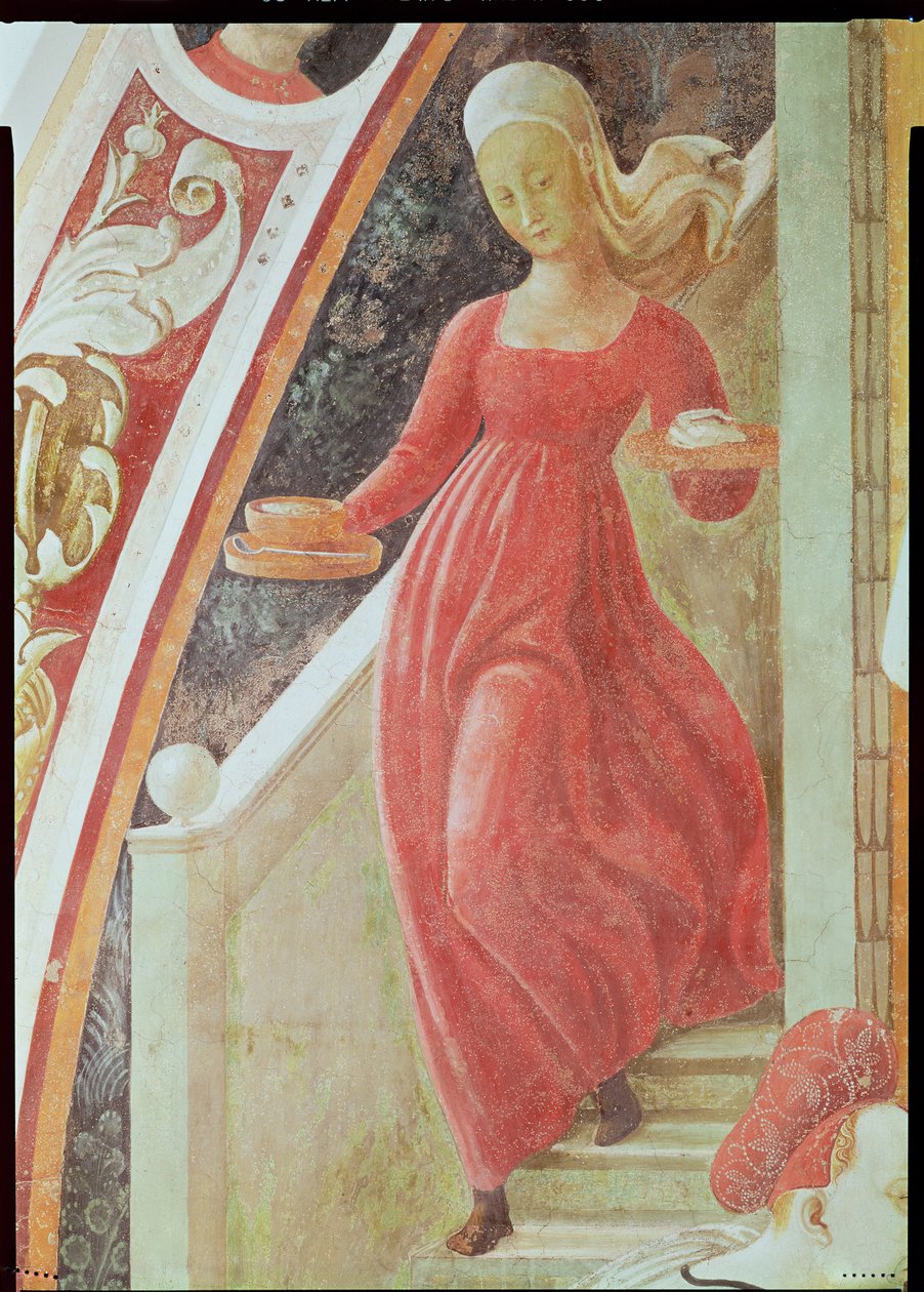 De Geboorte van de Maagd, dienstmeid die een trap afdaalt, uit de fresco cyclus van De Levens van de Maagd en St. Stefanus (detail) door Paolo Uccello