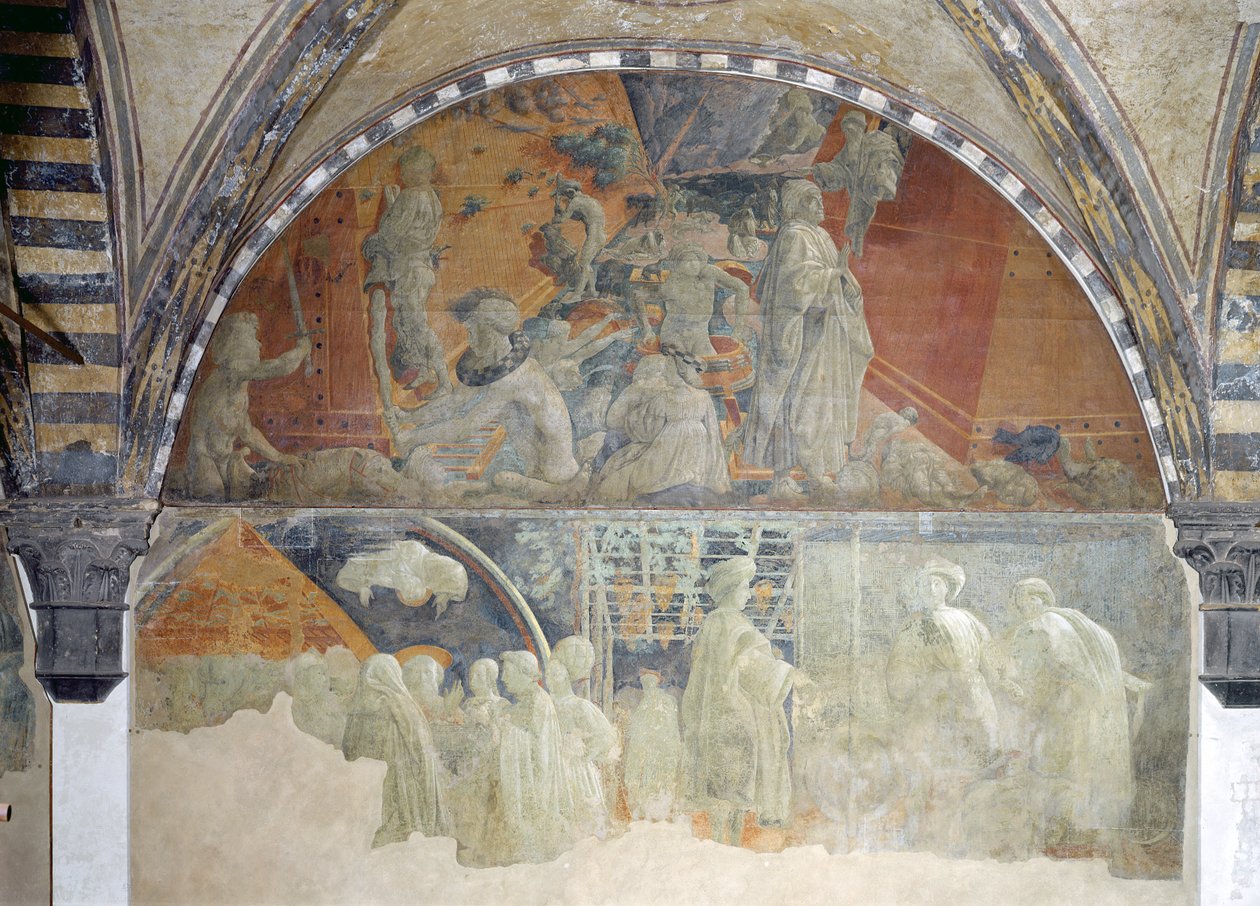De zondvloed en het terugtrekken van het water (bovenste gedeelte) Het offer en de dronkenschap van Noach (onderste gedeelte) lunet door Paolo Uccello