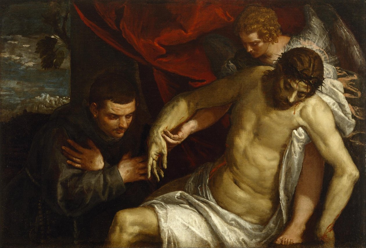 De dode Christus, ondersteund door een engel en aanbeden door een franciscaan door Paolo Veronese