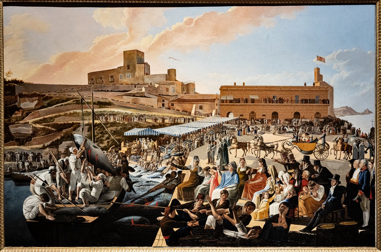 De tonijnvangst in Solanto in aanwezigheid van de koninklijke familie door Paolo de Albertis