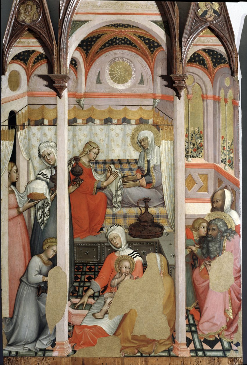 Geboorte van Maria (detail) - drieluik op paneel door Paolo di Giovanni Fei