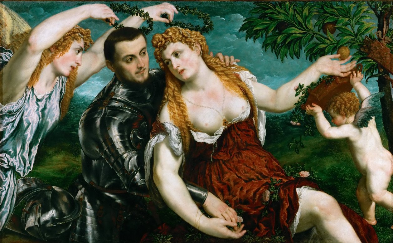 Duits: Allegorie (Mars, Venus, Victoria und Cupido) Allegorie (Mars, Venus, Victoria en Cupido) door Paris Bordone