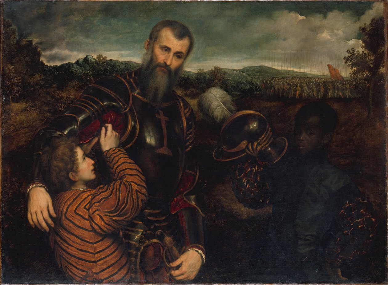 Portret van een man in harnas met twee pagina