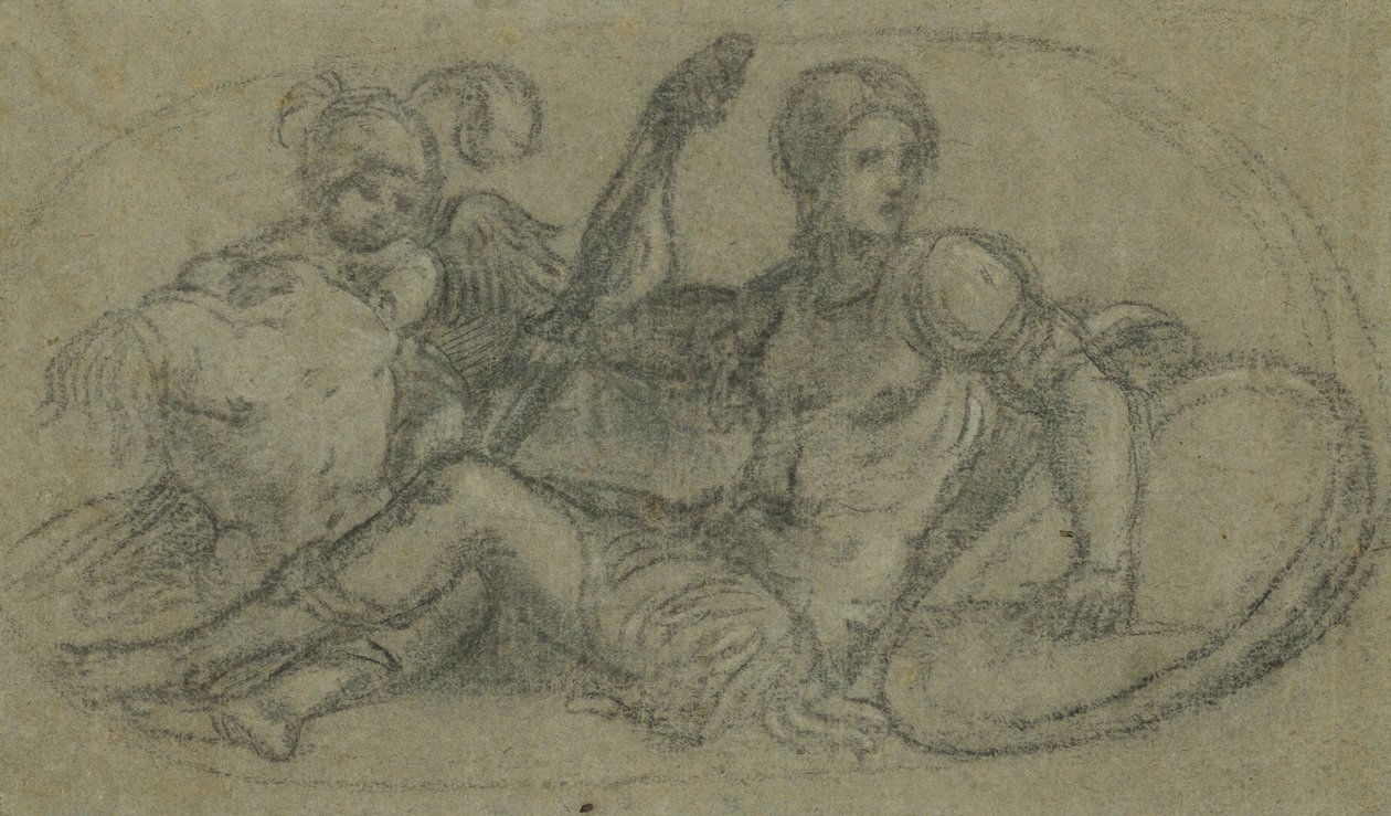 Zittende mannelijke figuur met putto en harnas door Paris Bordone