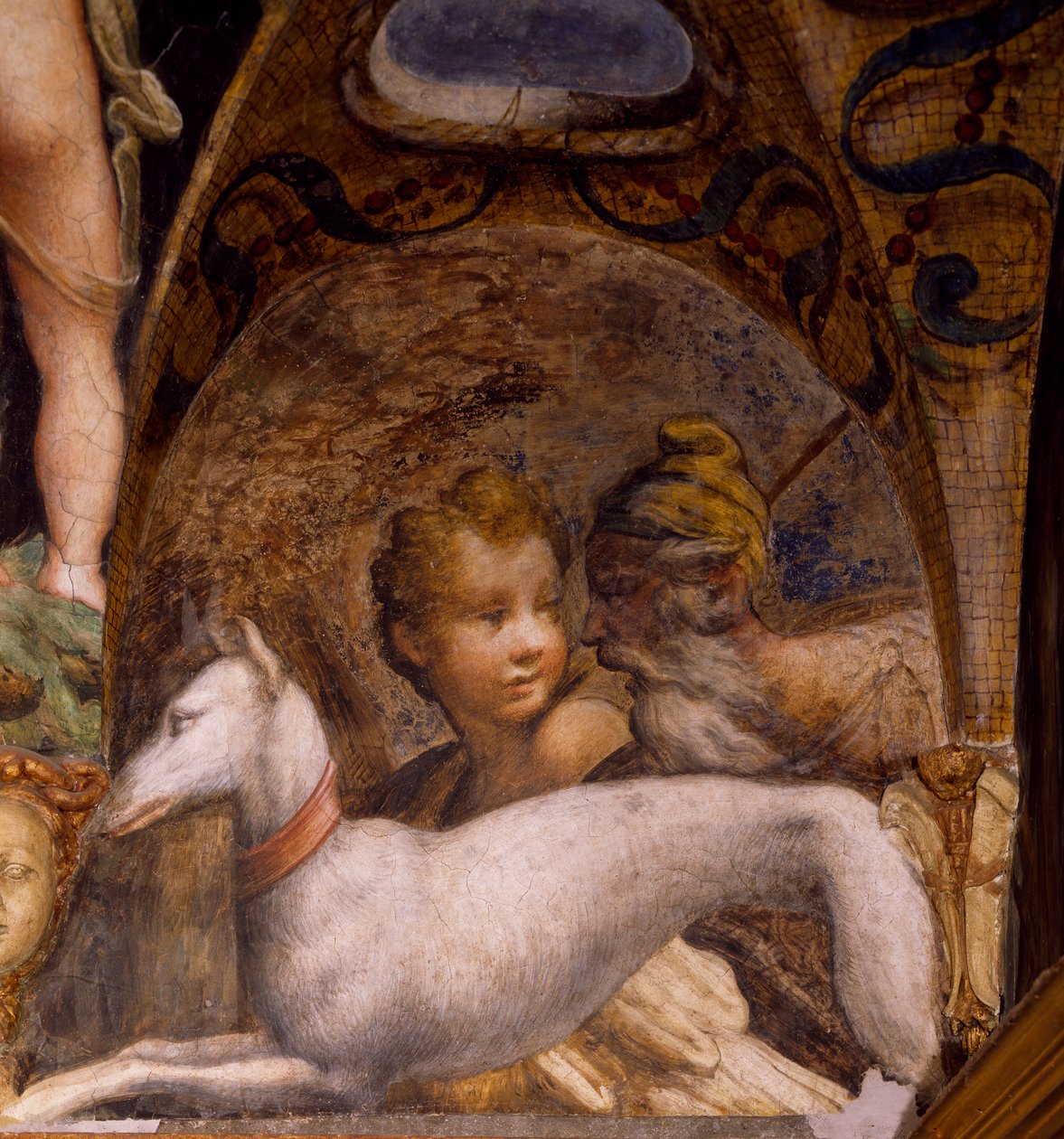 Hond en jager, uit de Mythe van Diana en Actaeon door Parmigianino