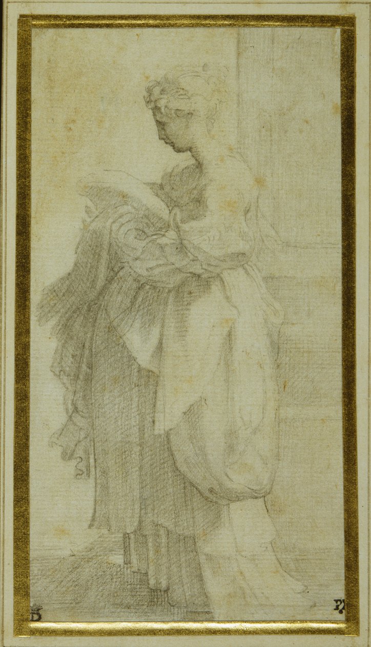 Staand figuur van een meisje met omvangrijke draperieën door Parmigianino 