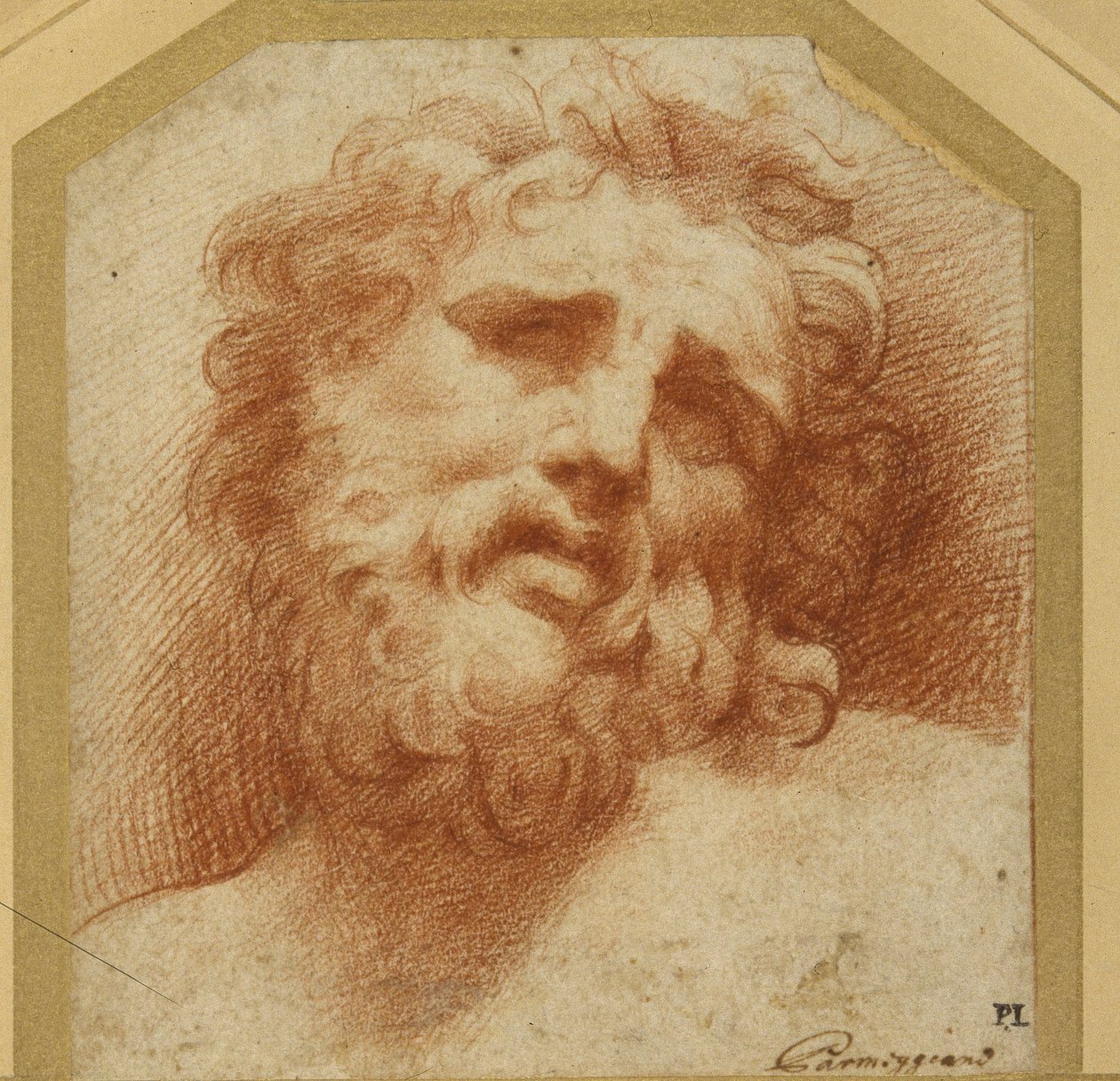 Een bebaard hoofd, omhoog kijkend (mogelijk Laocoön) door Parmigianino