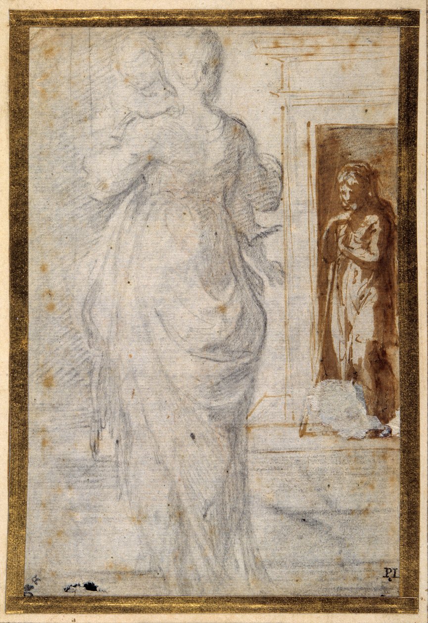 Achteraanzicht van een vrouw met een kind; een man leunt op zijn staf in een deuropening door Parmigianino