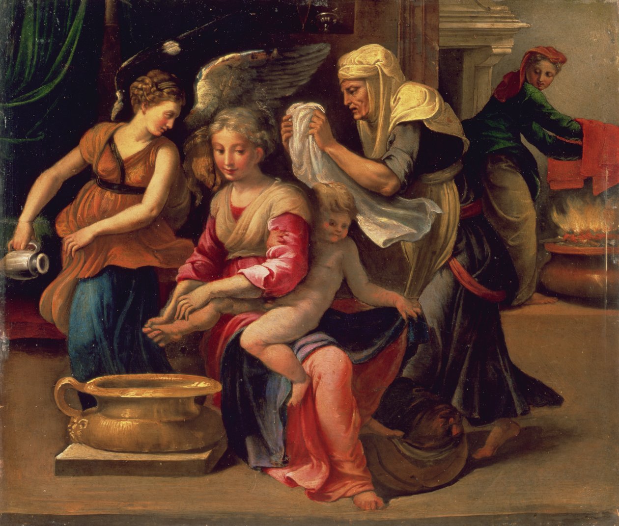 Het baden van een baby door Parmigianino