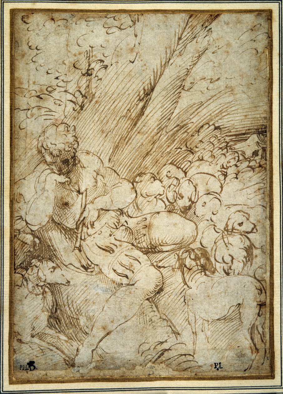 Herderjongen met een pijp, rustend onder een boom met zijn hond tussen hun kudde door Parmigianino