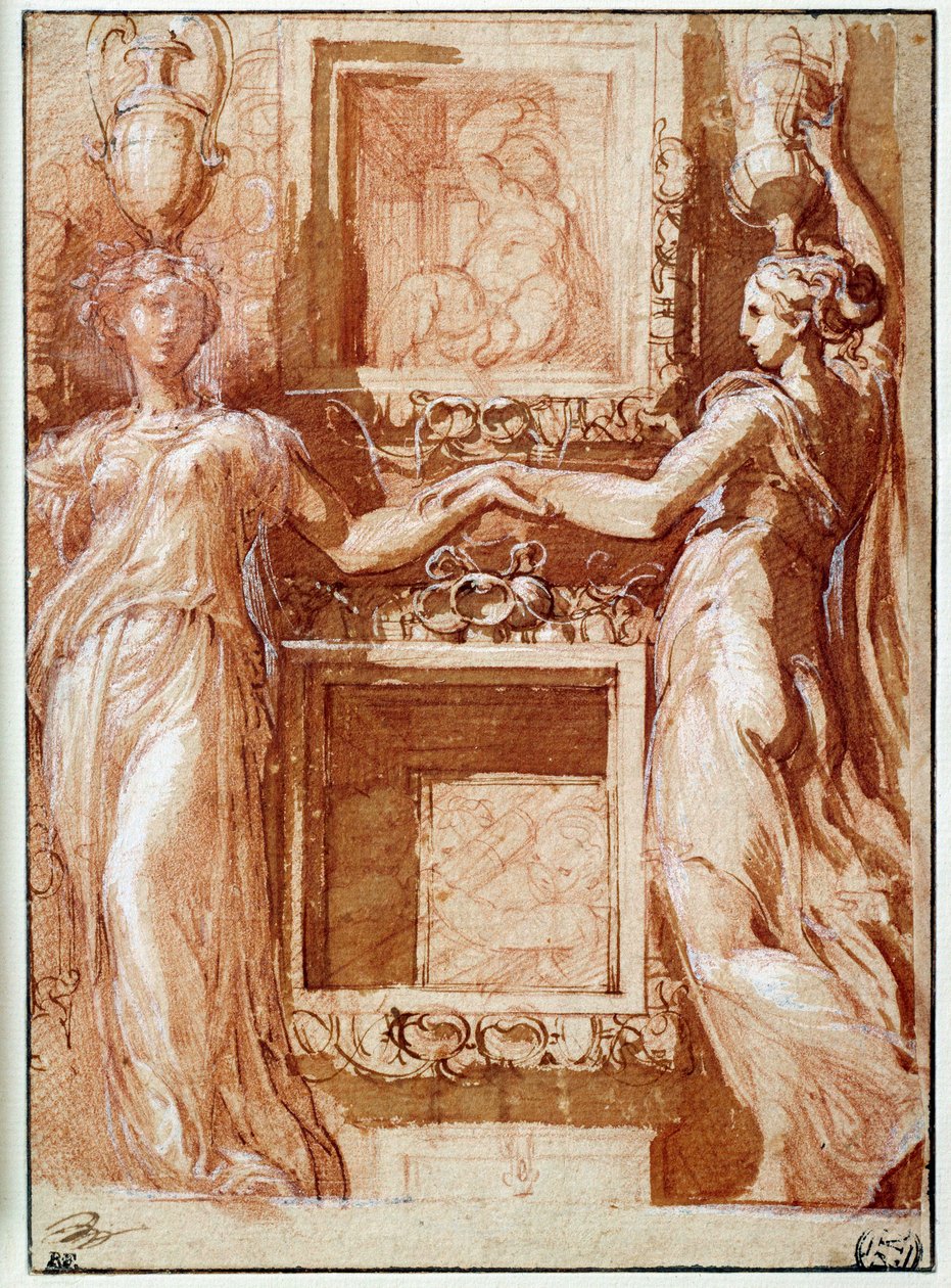 Twee kanephoren die hun hand geven, aan beide zijden van dozen Tekening in inkt, was, bloed en witte flappen door Girolamo Francesco Maria Mazzola, bekend als Parmigianino of Le Parmesan door Parmigianino