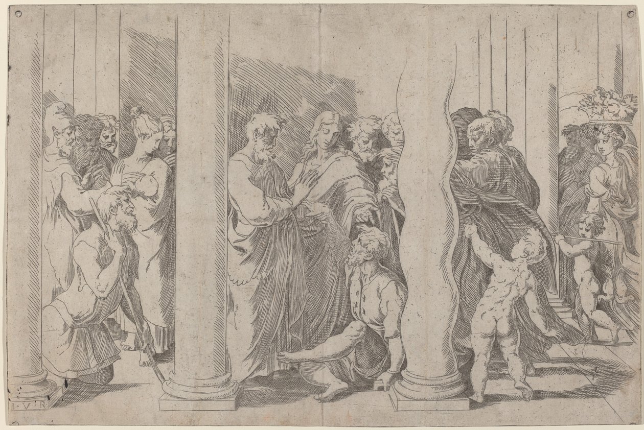 Sint Petrus en Johannes Genezen de Lamme Man bij de Gouden Poort door Parmigianino after Raphael