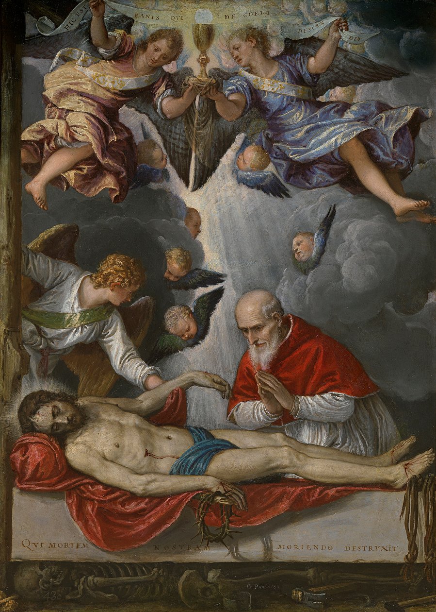 Spanish:  Cristo yacente adorado por el papa Pío V De dode Christus vereerd door Pius V door Parrasio Micheli