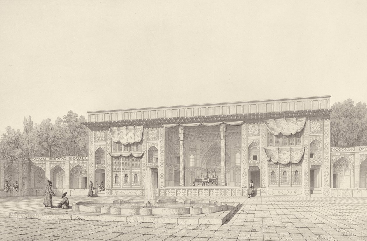 Troons Paviljoen, in Teheran, uit Voyage Pittoresque van Perzië, gegraveerd door Claude Sauvageot (1832-85) gepubliceerd door Lemercier, Parijs, 1856 door Pascal Xavier after Coste