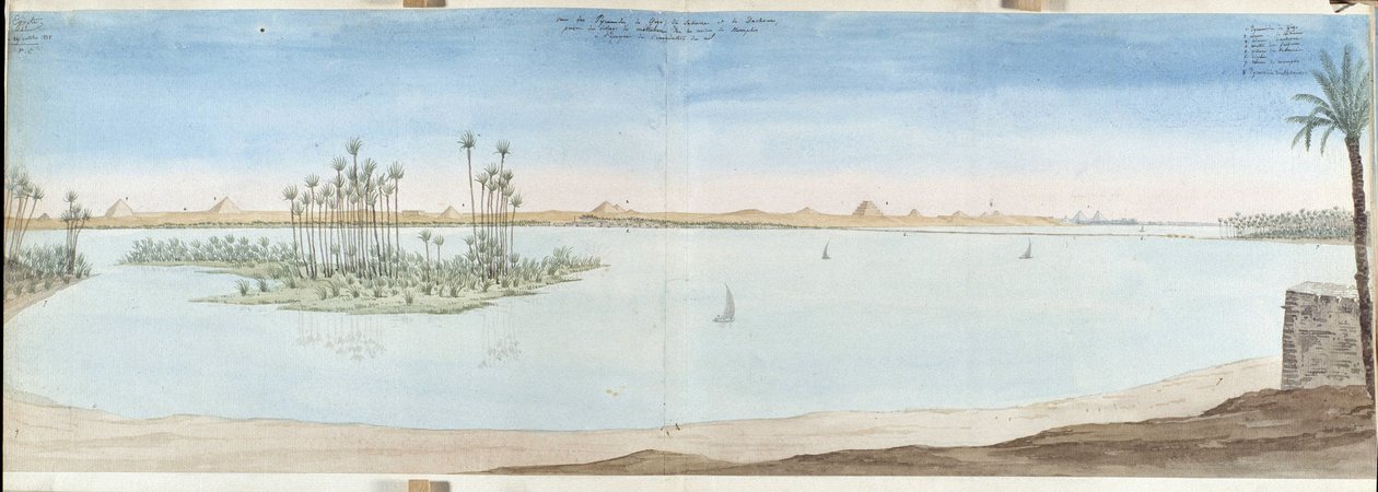 Uitzicht op de piramides van Gizeh, Sakarra en Datekour door Pascal Xavier (after) Coste