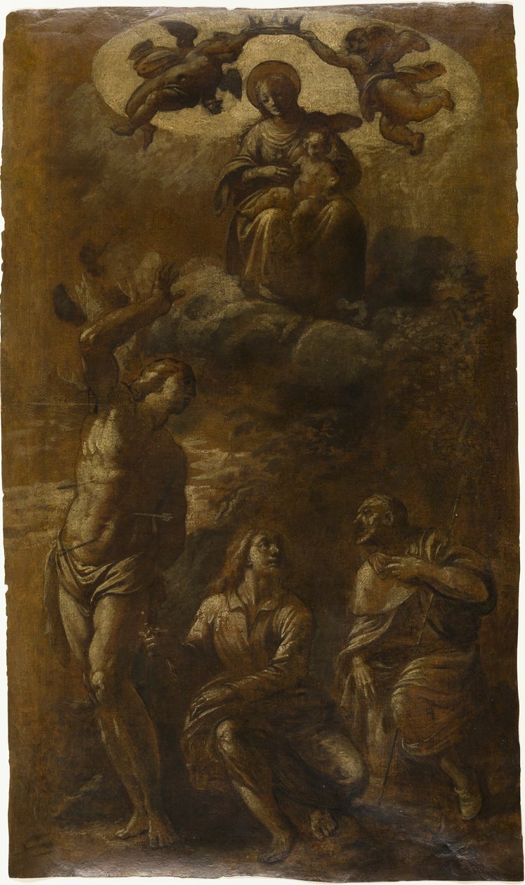 Maagd en kind in glorie met heiligen Sebastian, Johannes de Evangelist en Rochus door Pasquale Ottino
