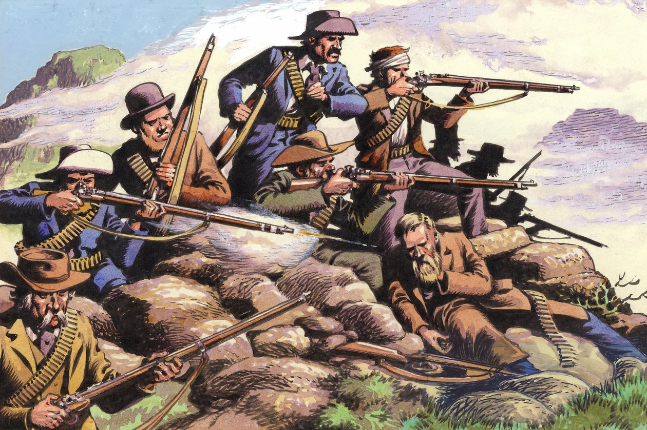 1880, Boeren van Transvaal vechten bij Majuba Hill tijdens de Eerste Boerenoorlog (gouache op papier) door Pat (1907 95) Nicolle