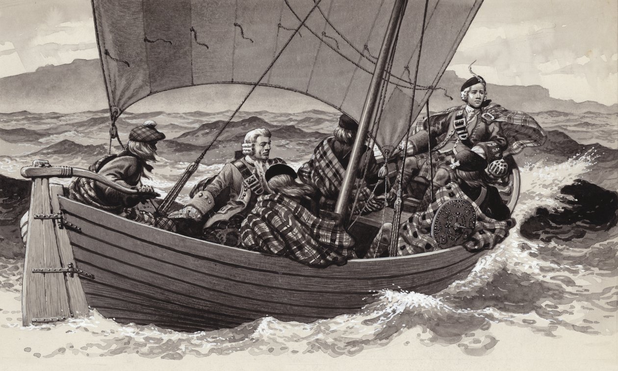 Bonnie Prince Charlie vertrekt naar het Isle of Skye (gouache op papier) door Pat (1907 95) Nicolle