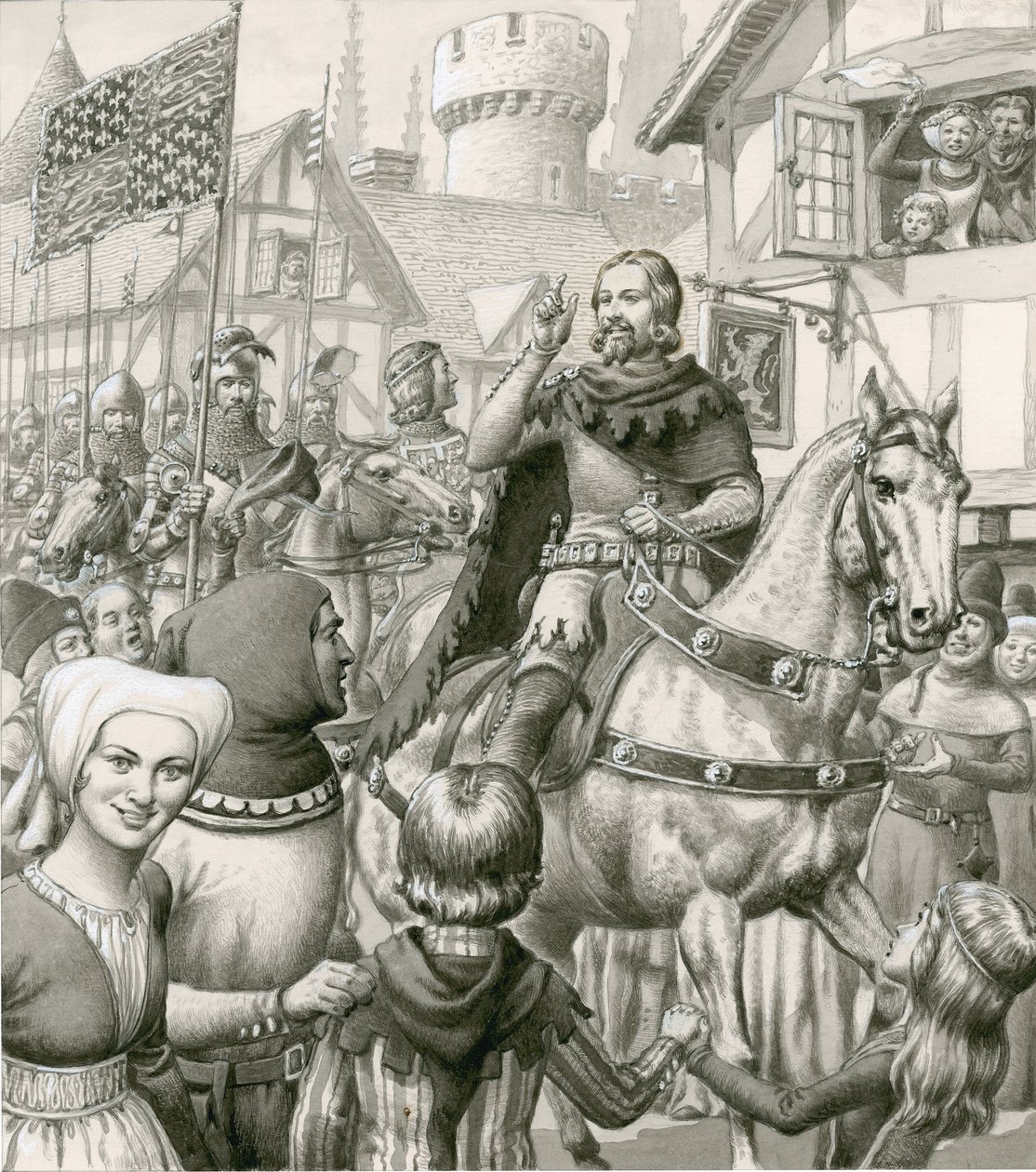 De triomfantelijke thuiskomst van Edward III (gouache op papier) door Pat (1907 95) Nicolle