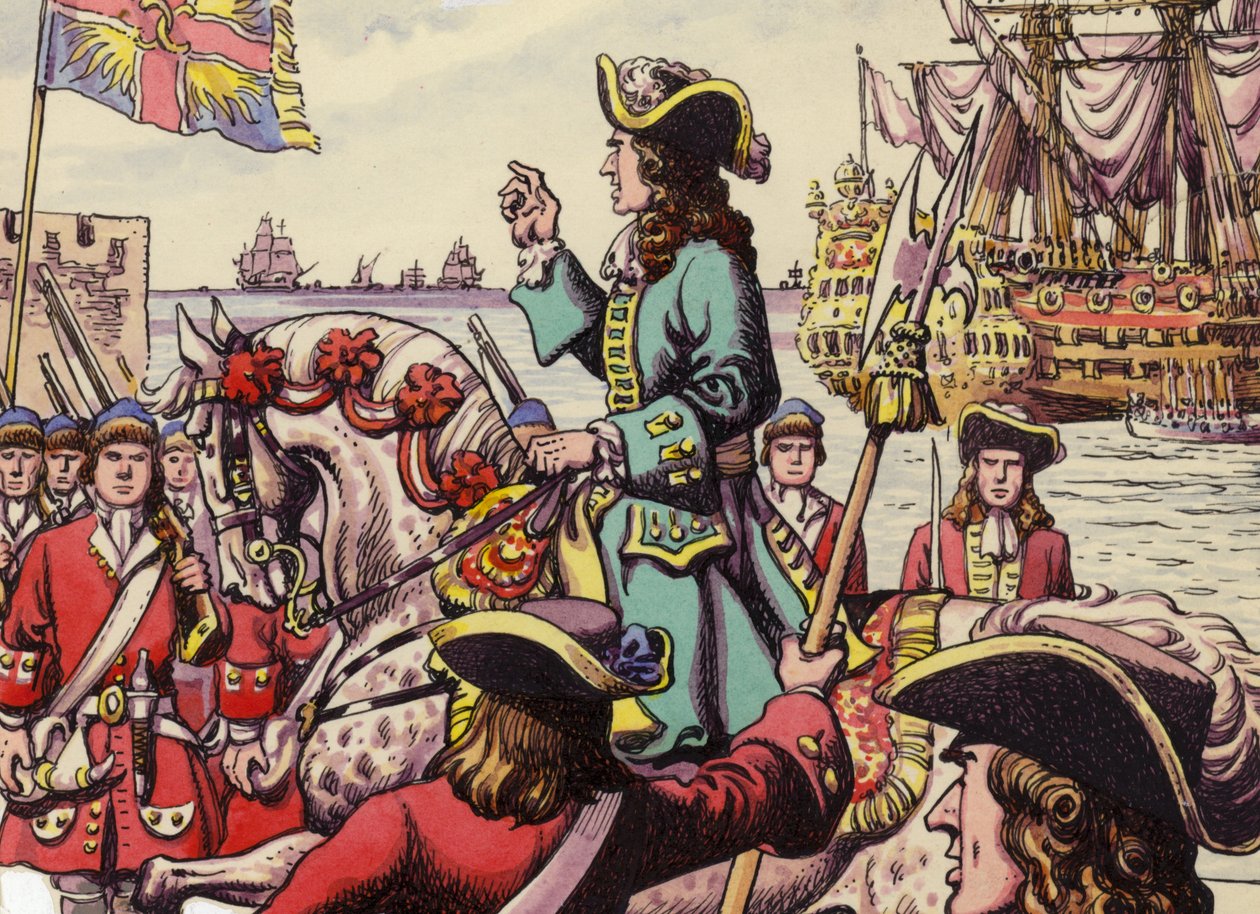 Koning Willem III landt bij Carrickfergus (gouache op papier) door Pat (1907 95) Nicolle