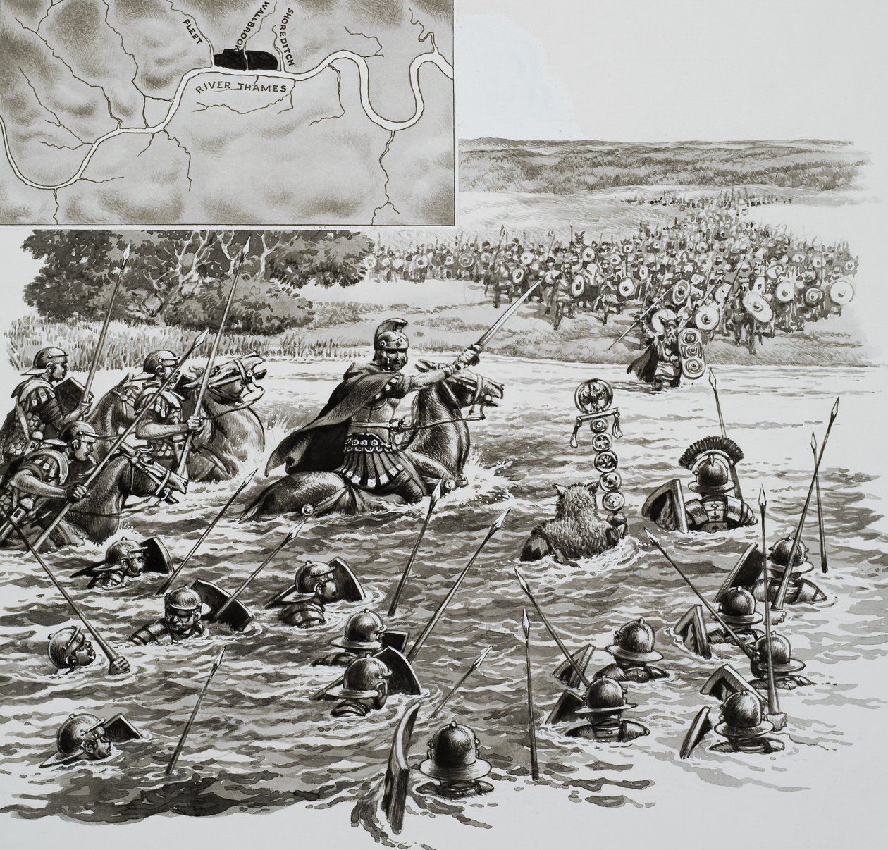 Londen: De hoofdstad die de Romeinen bouwden (gouache op papier) door Pat (1907 95) Nicolle