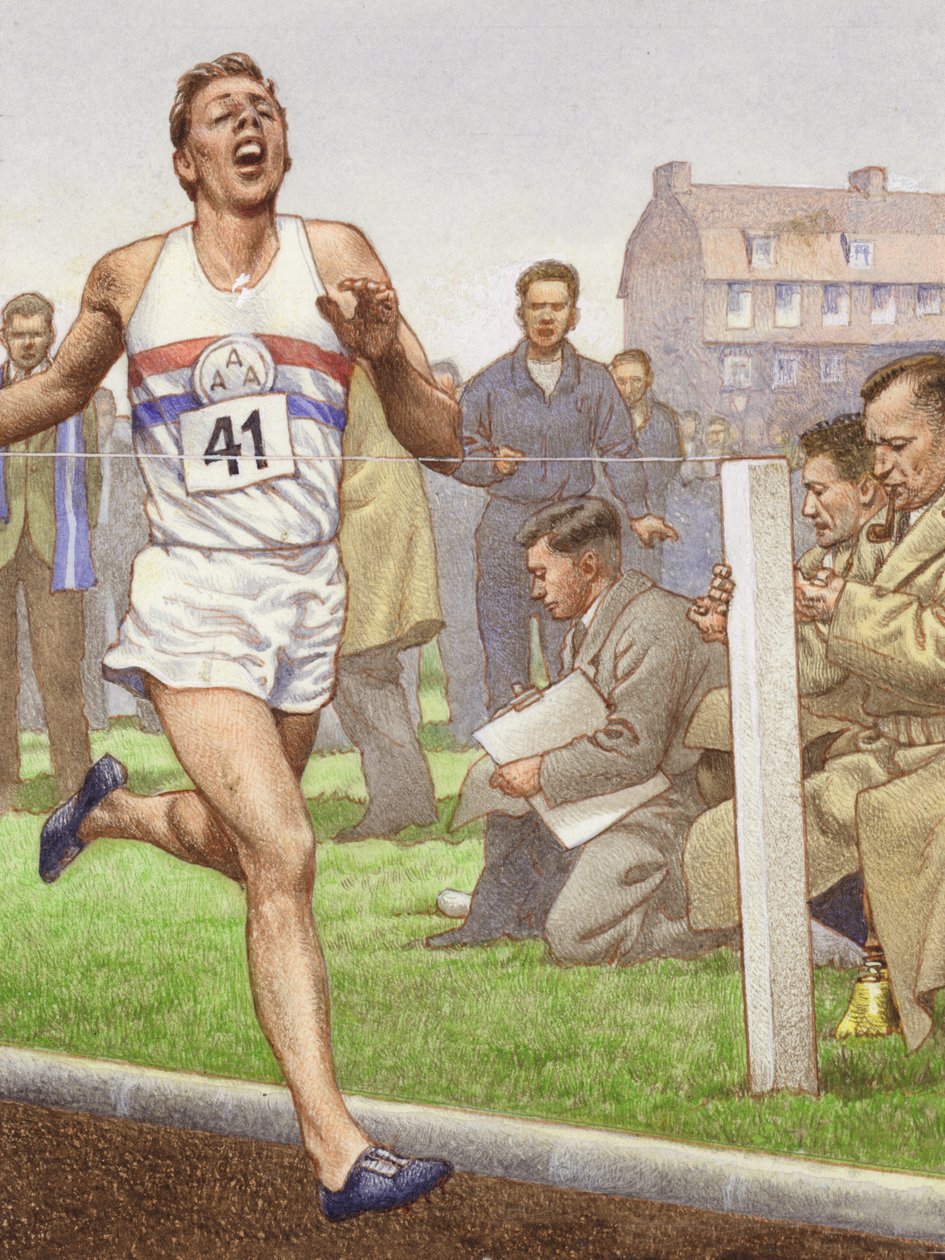 Roger Bannister loopt de eerste mijl van vier minuten (gouache op papier) door Pat (1907 95) Nicolle
