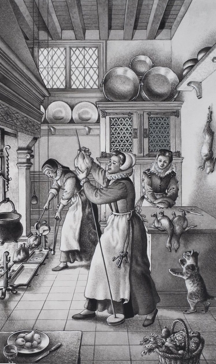 Zestiende-eeuwse keuken (gouache op papier) door Pat (1907 95) Nicolle