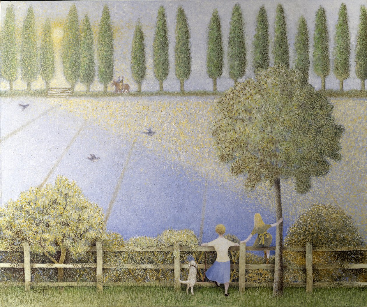 Paardrijden in blauw (olieverf op doek) door Pat Scott